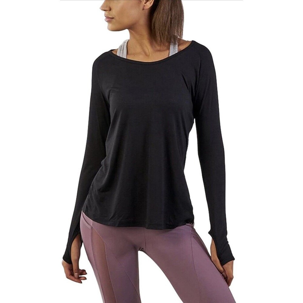 Women’s Large Black Long Sleeve Yoga Top, Activewear with Thumb Holes, Comfy